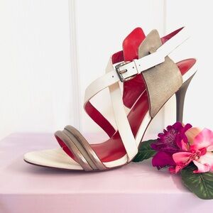 CHARLES JOURDAN ~ Silver/Gray White Crisscross Stiletto Heels w/Red Footbed